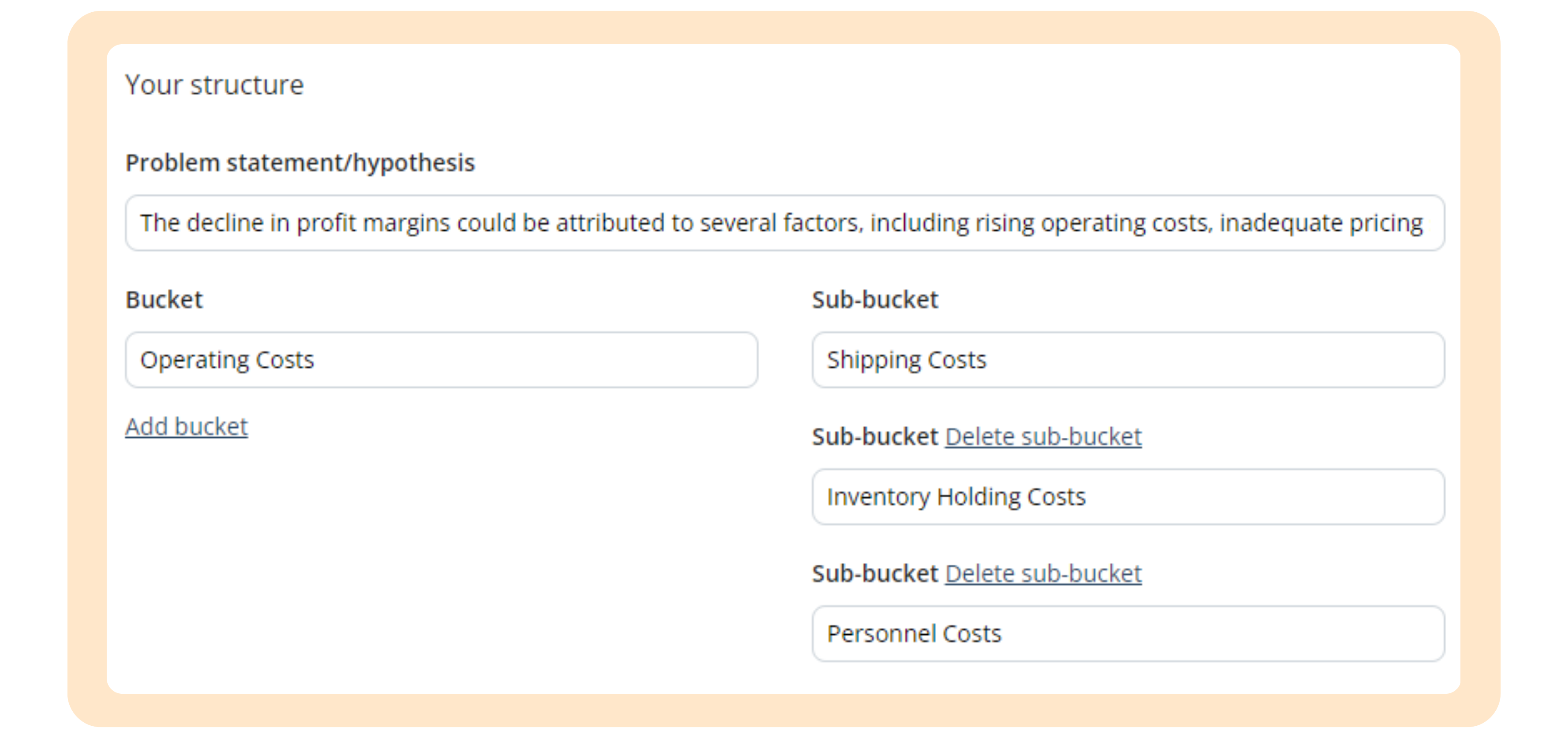 A structured input form with a problem hypothesis and a hierarchical division into "Buckets" and "Sub-Buckets" for analyzing rising operating costs.